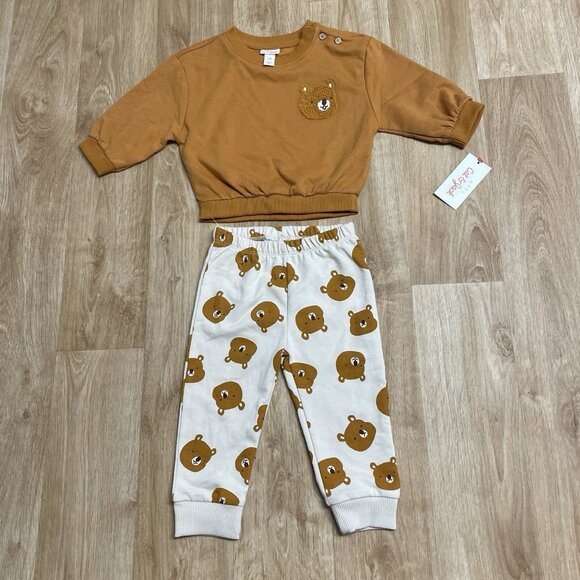 Cat & Jack 2 Piece Set Bear Print Sweater & Pants 12 Months Fall Fleece Cozy New - Picture 1 of 5